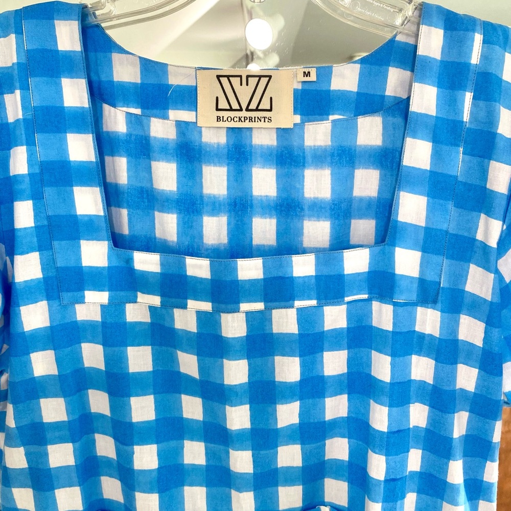 SOLD SZ Blockprints Tuckernuck Divya Cotton Midi Puff Sleeve Dress Gingham Blue - Picture 10 of 14